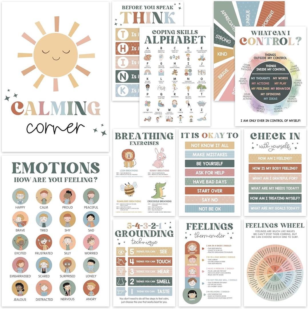 12 Retro Calming Corner Classroom Posters (10x14) - Feelings Wheel & Emotions Poster for Kids, Calm Down Corner Supplies for Therapy Office Decor, Mental Health Wall Art for Preschool and Teachers