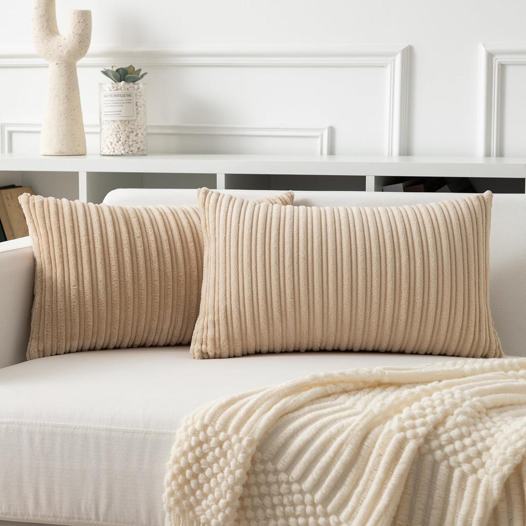 Kevin Textile Corduroy Pillow Covers 12x20 Inch Set of 2 Super Soft Boho Striped Pillow Covers Decorative Textured Throw Pillows for Couch Cushion Bed Livingroom Beige
