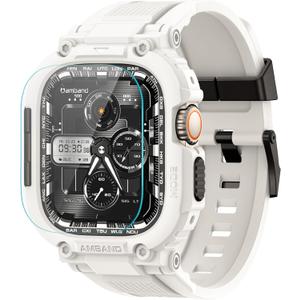 amBand Bands Case Screen Protector Compatible with Apple Watch Ultra 2/1 49mm, M1 Sport Series Rugged Cover Strap and 9H Tempered Glass Film, Protective Bumper for iWatch 49 mm Men White