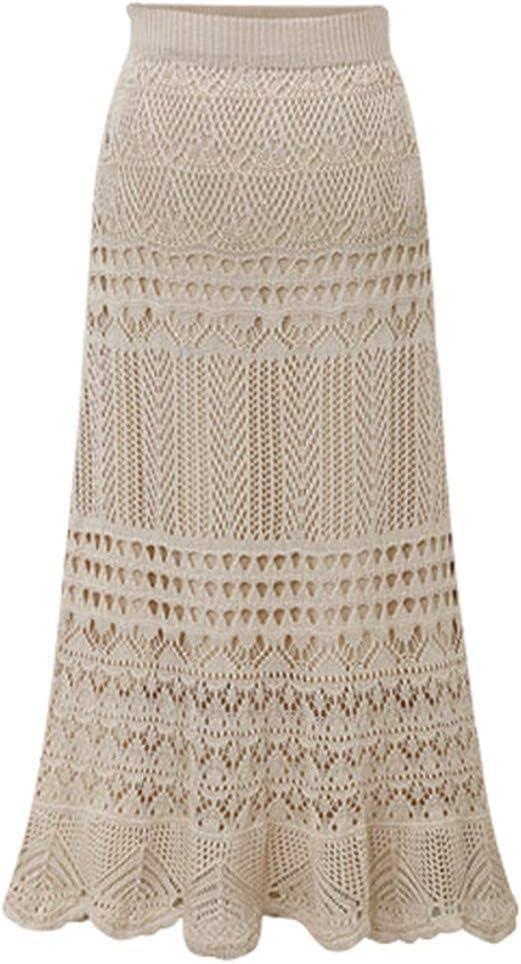 chouyatou Women's Stretched High Waist Crochet Hollow Out Knit Flowy Patterned Lace Maxi Skirt (Beige), S