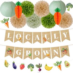 Kriyokiaa Locally Grown Baby Shower Decorations, 12 PCS Farmers Market Baby Shower Decor with Locally Grown Banner, Paper Tissue Pom Poms, Lanterns for Farmers Market Party Decor