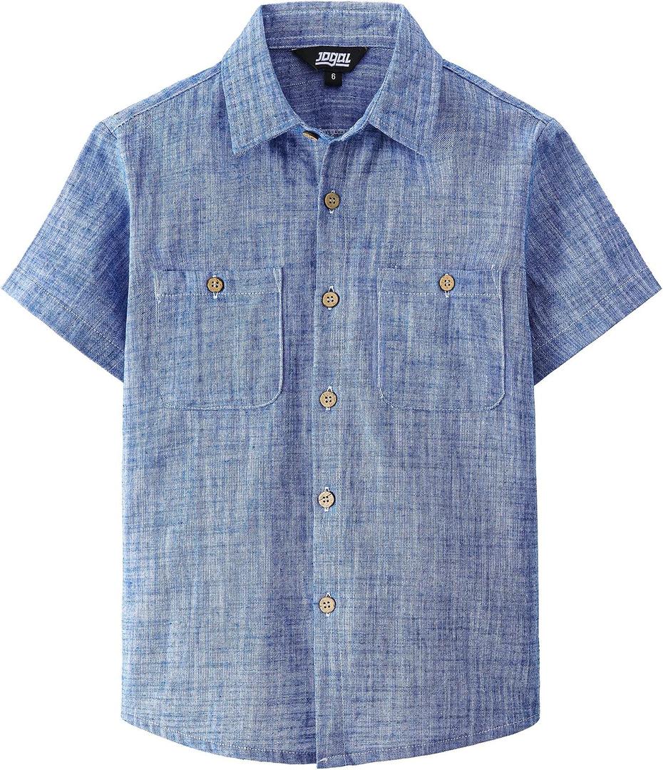 JOGAL Boys Chambray Shirts Short Sleeve Button Down Shirt for Kids | 100% Cotton, Linen Feel, Button Up, Lightweight, Two Pockets, Regular Fit, Casual, Woven, Easter,  Size 14 (Blue)