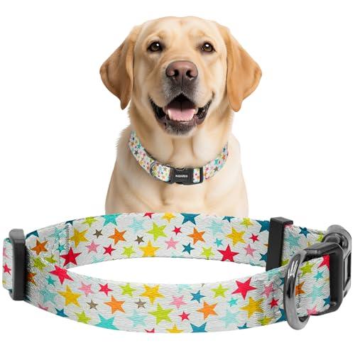 Kazazoo Dog Collar Cute and Soft Nylon Puppy Collar for Boy and Girl, Adjustable Dog Collars for Medium Large Dogs, Colorful Stars-L Pack of 2