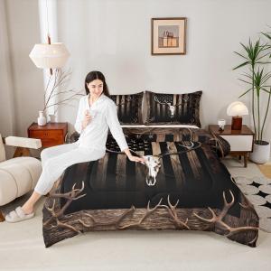 Deer Skull Comforter Set Twin Size, American Flag Bedding Set 2Pcs,Hunting Animals Elk Antlers Quilt Set for Kids Boys Men Adult Room Decor, Rustic Cabin Wood Stripes Duvet Insert, Black/Brown