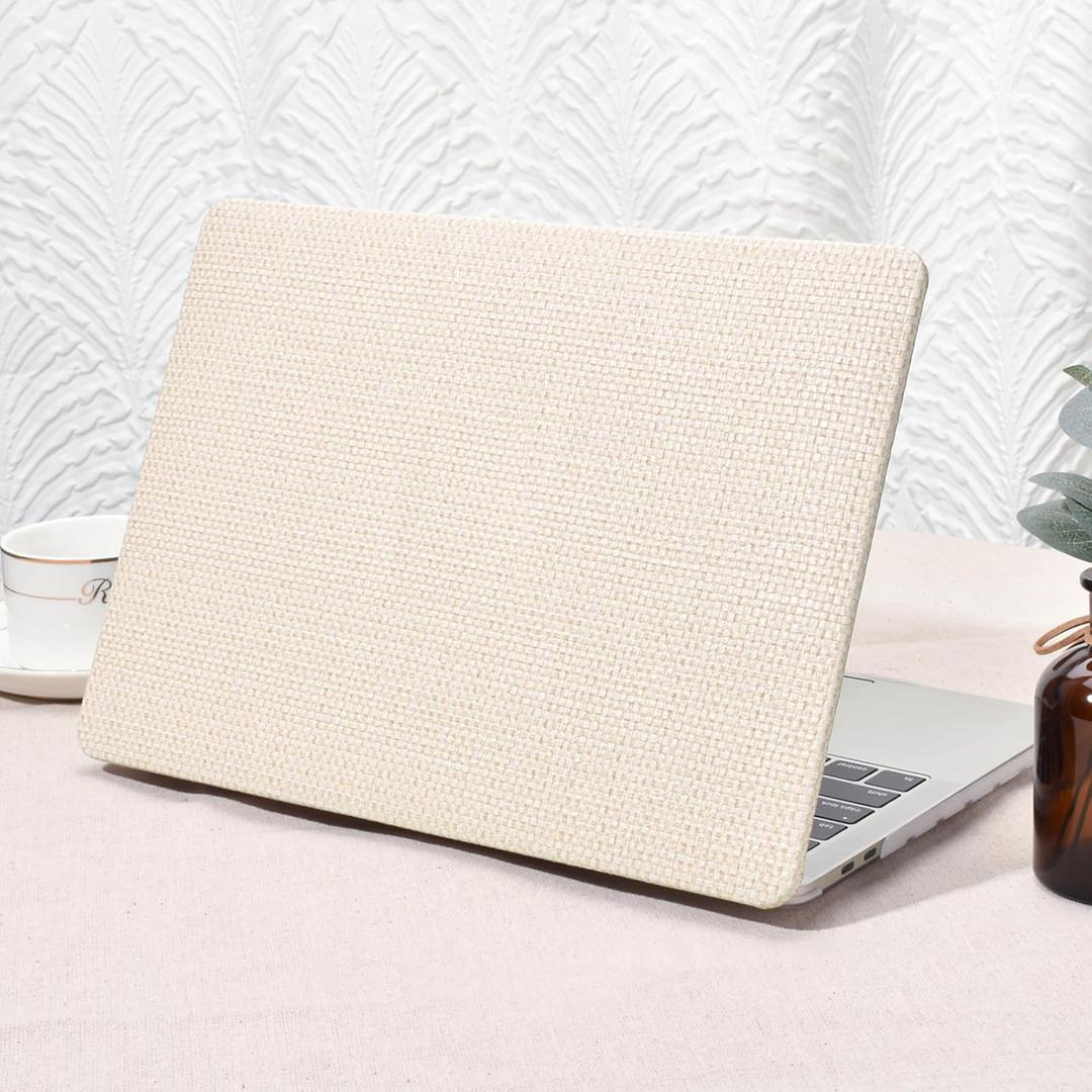 Seorsok Compatible with MacBook Pro 13 inch Case M2 2023-2021-2016 A2338 M1 A2251 A2289 A2159 A1989 A1708 A1706,Elegant Leather Plastic Hard Shell with Keyboard Cover, Beige Woven Fabric No Logo Cutout