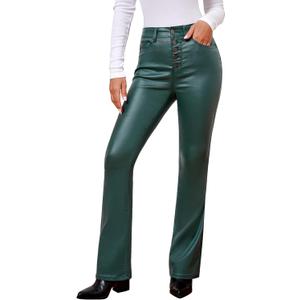 GRAPENT Flare Pants for Women High Wasited Stretchy Faux Leather Look Button Fly Jeans Trendy Bell Bottom Trousers (Small, Dark Green)