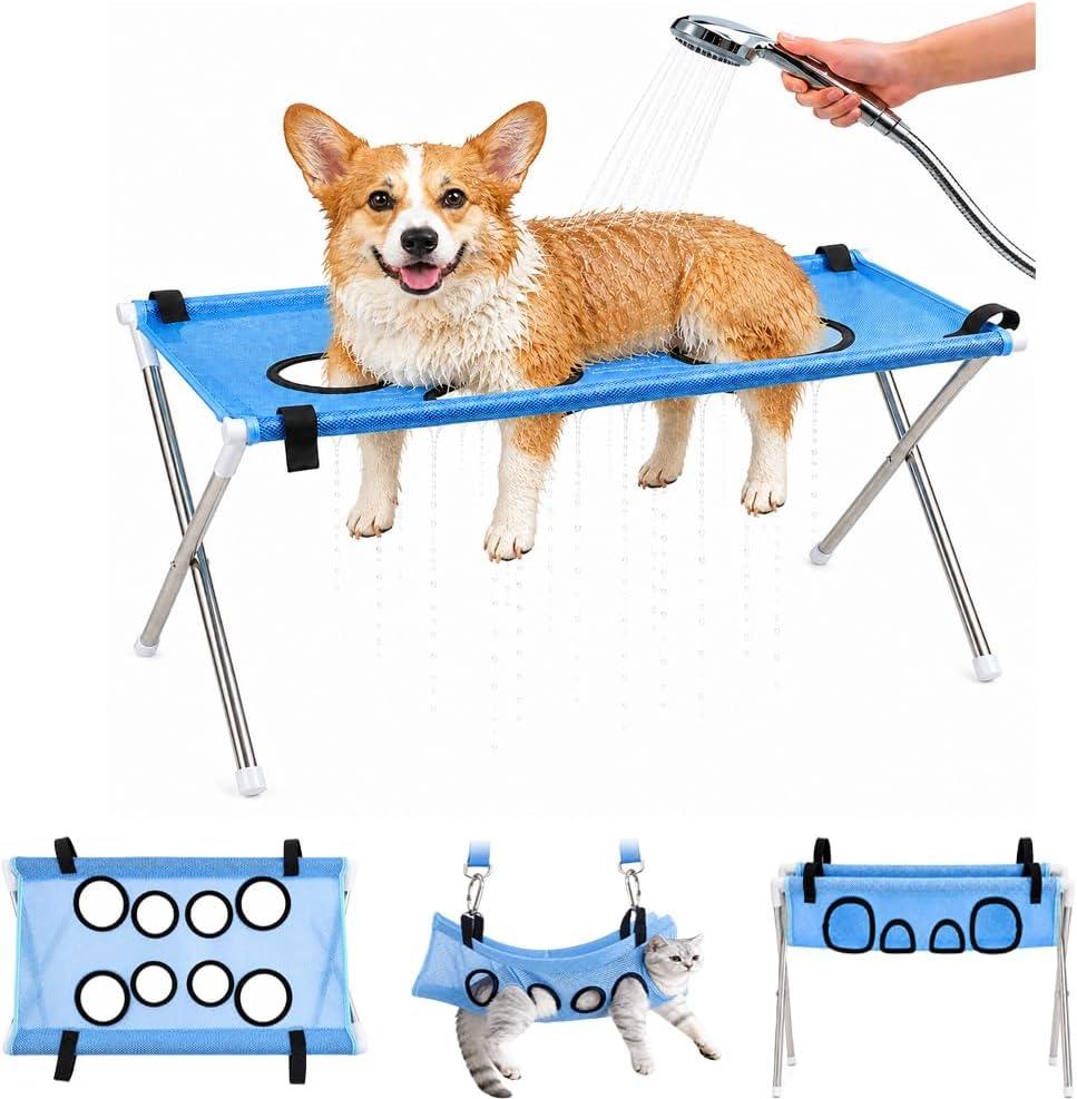 Dog Grooming Hammock Stand, Foldable Dog Bath Holder Sling Shower Chair | Heavy-Duty Pet Bath Stool for Small & Medium Dogs, Home Salon Grooming, Washable Mesh, Joint Support & Restraint(Blue,Base) 