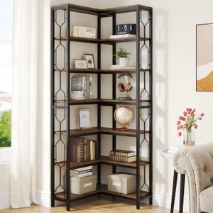 Tribesigns Corner Shelf, 7-Tier Industrial Corner Bookshelf and Bookcase | Freestanding Display Shelf for Living Room, Wood and Metal Corner Book Shelves, Corner Bookcase for Home Office, Rustic Brown