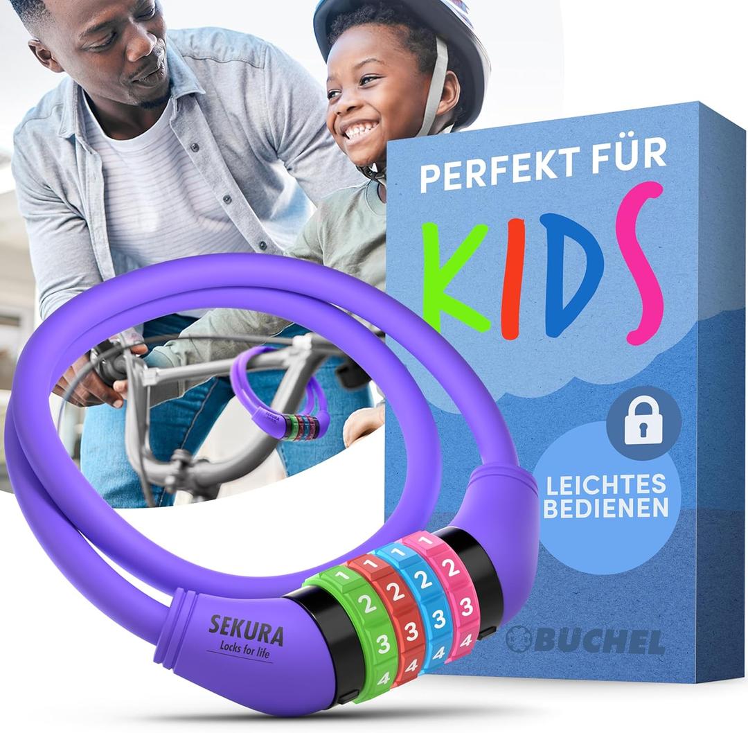Büchel Bike Locks Cable for Kids - Colorful & Keyless - Secure Your Child's Bike - Easy-to-Use Bicycle Accessory, High Security 5 Digit Resettable Combination Coiling Bicycle Lock, Anti Theft Purple