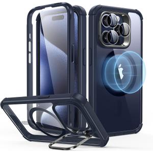 ESR for iPhone 15 Pro Case, Compatible with MagSafe, Full-Body Military-Grade Drop Proof Case for iPhone 15 Pro with Built-in 9H+ Tempered Glass Screen Protector and Stand, Clear Dark Blue