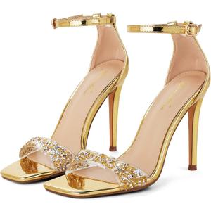 GENSHUO High Heeled Sandals for Women One Strap Heels with Square Open Toe 4 Inch Stiletto Ankle Strap Shoes Elegant Sexy Dress Wedding Party (11, Gold With Sequins)