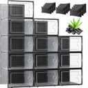 Kuject Activated Charcoal Shoe Organizer, 12 Pack XL Clear Plastic Stackable Shoe Storage Boxes, Sneaker Organizer Display Containers, Dustproof Shoe Case & Organization for Closet, Entryway, Black