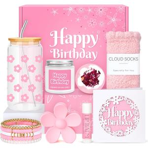 Birthday Gifts for Teen Girls, Women, Teenage Girl Birthday Gift Sets for Teen Girls Tween Gifts for Teenage Girl Cute Daisy Aesthetic Glass Cup Gift Basket for Teens, Sister, Women, Her, Friend (Pink)
