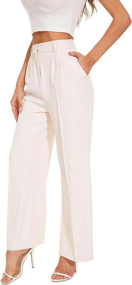 FUNYYZO Wide Leg Pants Women's High Elastic Waisted in The Back Business Work Trousers Long Straight Suit Pants (Beige), M