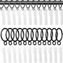 1.25 Inch Curtain Rings with Hooks, 24 Pack Black Metal Drapery Rings with Pins Fits Up to 1 Inch Curtain Rods