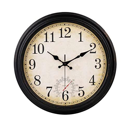 Wall Clock Vintage Style Inodor Outdoor Clock 16 Inch Large Wall Clocks Waterproof with Thermometer for Living Room Patio Pool Garden (Bronze)