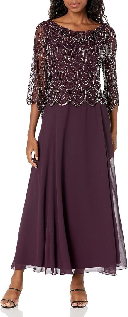 J Kara Women's Petite 3/4 Scallop Beaded Pop Over Gown (Wine/Multi)