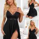 BemorRun Sexy Night Gowns for Woman Sexy Sleepwear Lace Chemise V-Neck Babydoll Lingerie Slip Nightie with Side Slits (Black, XL)