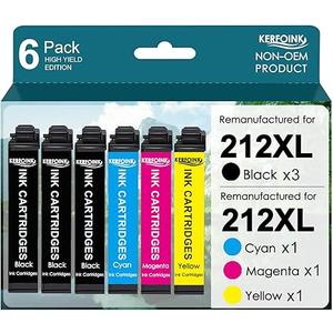 KERFOINK Remanufactured Ink Cartridges for Epson 212 212XL Combo Pack Upgraded Chips for XP4100 XP4105 WF2830 WF2850 Printers, High Yield (3 Black, 1 Cyan, 1 Magenta, 1 Yellow, 6Pack)