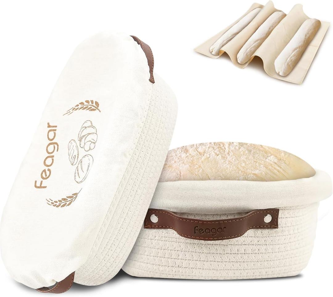 Feagar Banneton Bread Proofing Basket Set - 2 Pack Oval Cotton Rope Bread Basket with Liners, Covers & Proofing Cloth for Artisan Bread Baking, Sourdough Bread Baking Supplies