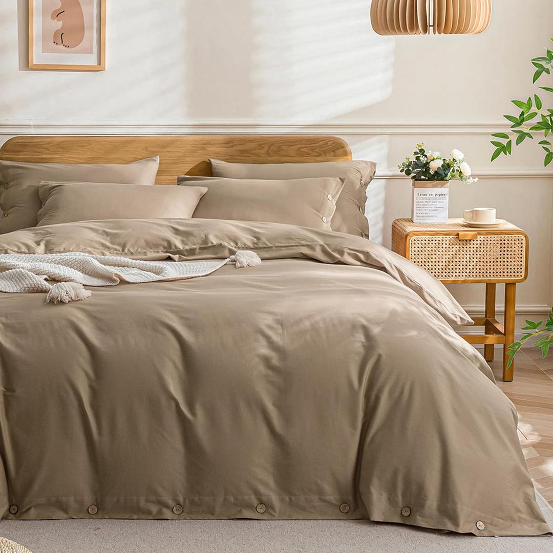 JELLYMONI Cotton Duvet Cover King Size - Khaki Comforter Cover with Button 100% Washed Cotton 3PCS Breathable Soft Solid Bedding Set Duvet Cover 10490in & 2 Pillowcases (NO Comforter)