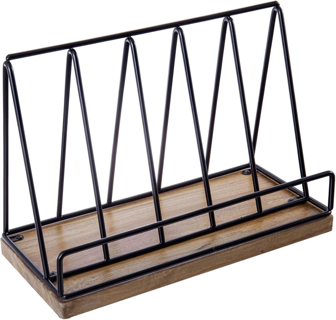 MyGift 13 Inch Premium Acacia Solid Wood and Matte Black Metal Wire Kitchen Countertop Cookbook Stand, Rustic Wooden Cooking Recipe Book Display Tablet Holder