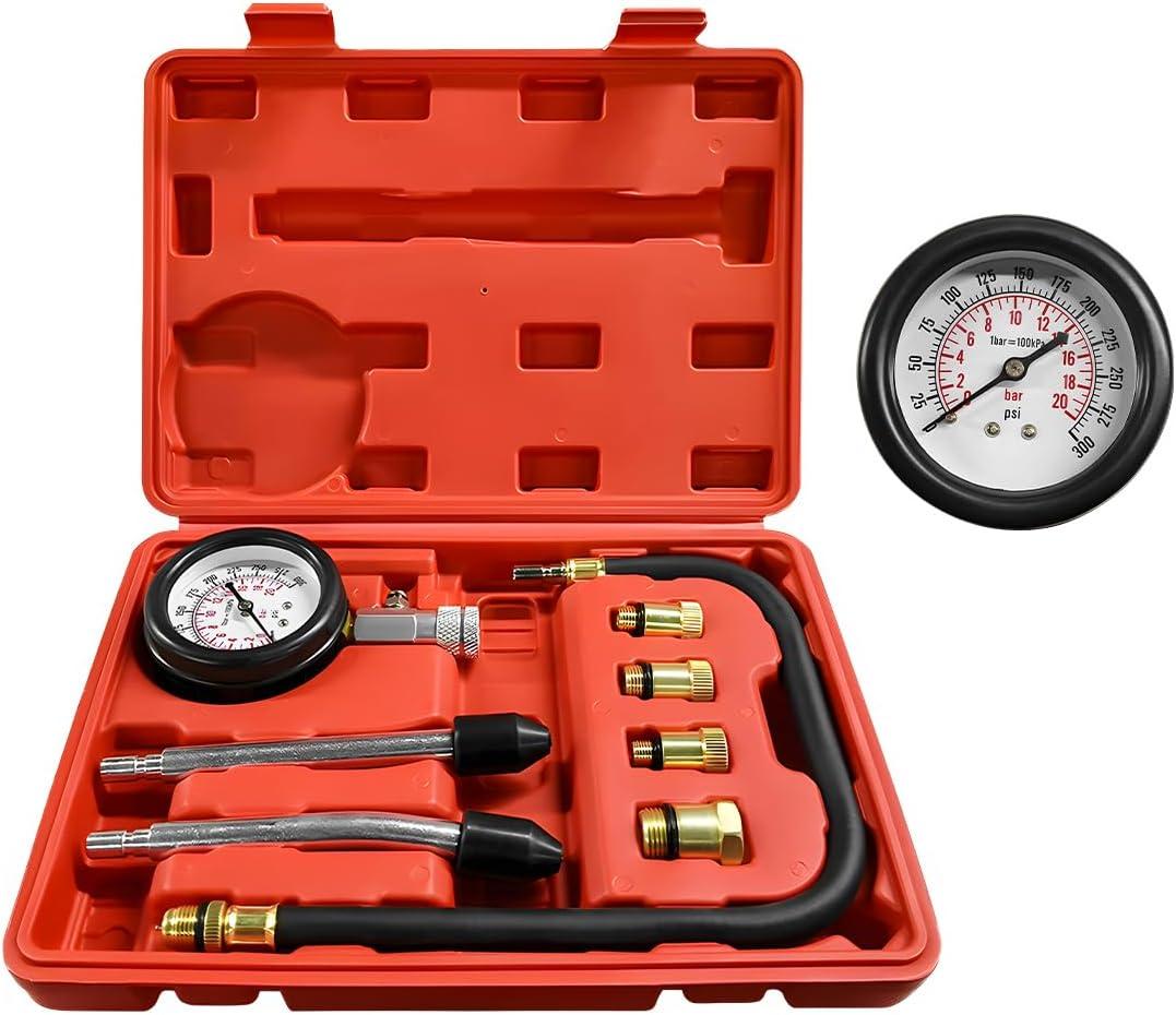 Compression Tester Kit, Petrol Gas Engine Cylinder Pressure Gauge with Adapters, Professional Small Engine Compression Tester Range of 0-300 PSI for Car Motorcycle
