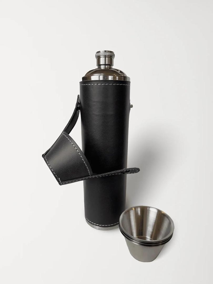 12oz Black Flask with 4 Shot Glasses in Cap  Stainless Steel with Waterproof Leather Case, Leakproof, Reusable, Travel