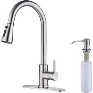 Brush Nickel Pull Down Kitchen Faucet with Soap Dispenser, Single Handle High Arc Stainless Steel Faucet