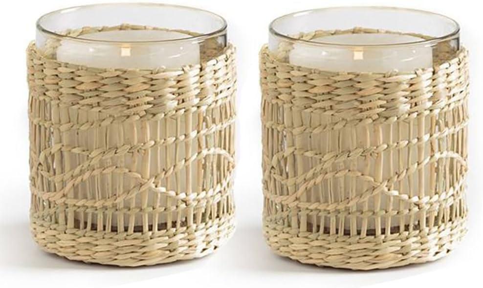 Natural Rattan Wicker Woven Votives Candle Holder Tea Light Candle Holders Set of 2 - Handcraft Rustic Boho Bohemian Seagrass Glass Votive Candle Holders for Summer Fall Dining Table Kitchen Dcor