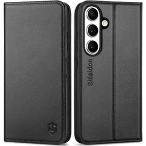 SHIELDON Wallet Case for Galaxy S25 6.2", Genuine Leather Folio Case with Kickstand RFID Blocking Card Holder Magnetic Full Protection Phone Cover Compatible with Galaxy S25 5G 2025 - Black