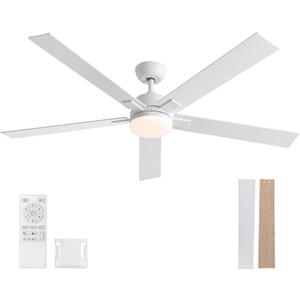 60 Inch Ceiling Fans with Lights and Remote, 6 Speed Reversible DC Motor, 3CCT Dimmable LED, 5 Blades, White Modern Ceiling Fan for Bedroom, Living Room & Covered Outdoor, Includes Downrod
