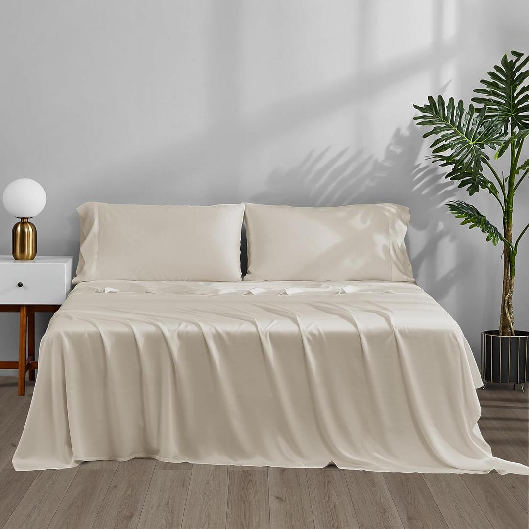 ACCURATEX Cooling Sheets King Size - 100% Viscose Made from Bamboo, Luxury Cool Silky Sheet Set for King Size Bed, Super Soft Breathable Bedding Sheets up to 16 inches Deep Pockect, Beige
