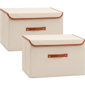 Tuza 4-Pack Large Fabric Storage Bins with Lids, Foldable Storage Boxes with Lids for Organizing, Decorative Storage Boxes with Handles for Home, Bedroom, Closet, Office(Khaki, Medium)