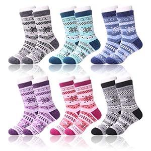 LANLEO 6 Pairs Children's Winter Thick Warm Soft Cute Animal Crew Wool Socks For Kids Boys Girls Snowflake, 1-3 Year Old