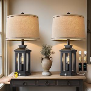 23.75" Retro Farmhouse Black Table Lamp for Living Room Bedroom Nightstand Set of 2 Touch Control Bedside Nightlight Vintage Modern Lamp with USB C+A Ports and 2 Light Sources