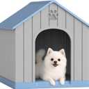 Fancyango Dog House Outdoor Indoor for Small Medium Dogs, Sturdy Plastic Waterproof Doghouse with Air Vents and Elevated Floor, Easy Clean and Assemble (Blue, 26.18''L × 24.02''W × 25.98''H)