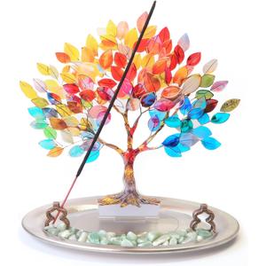 Incense Holder for Sticks with Flat Decorative Life Tree, 2D Life Tree Incense Burner with Ash Catcher for Meditation Yoga Spa Room Decor(Rainbow Color)