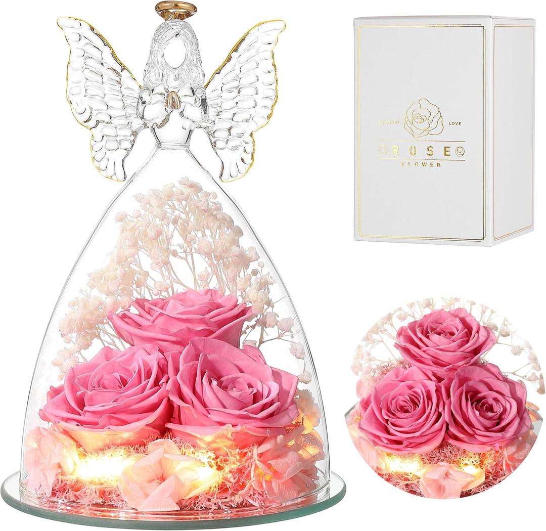 Ocosy Mothers Day Rose Gifts for her, Large Angel Rose Gifts for Women, Forever Real Roses in Angel Figurines, Angel Guardian with Roses Flower, Sweet Pink