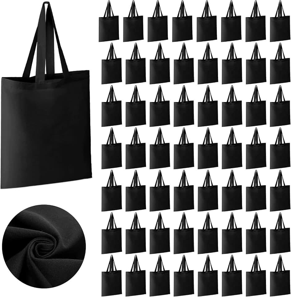 Roowest 60 Pack Canvas Tote Bags Bulk 16" x 15" Lightweight Medium Reusable Grocery Shopping Cloth Bags for DIY Gifts(Black)