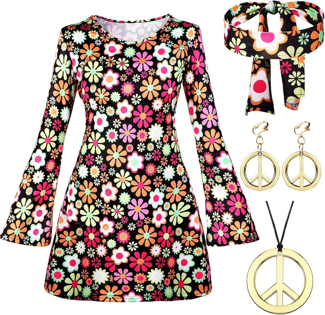 Haysandy 70s 80s Women Hippie Costume Set Disco Outfit Peace Sign Earring Necklace Headband Dress for Women Halloween (X-Large)