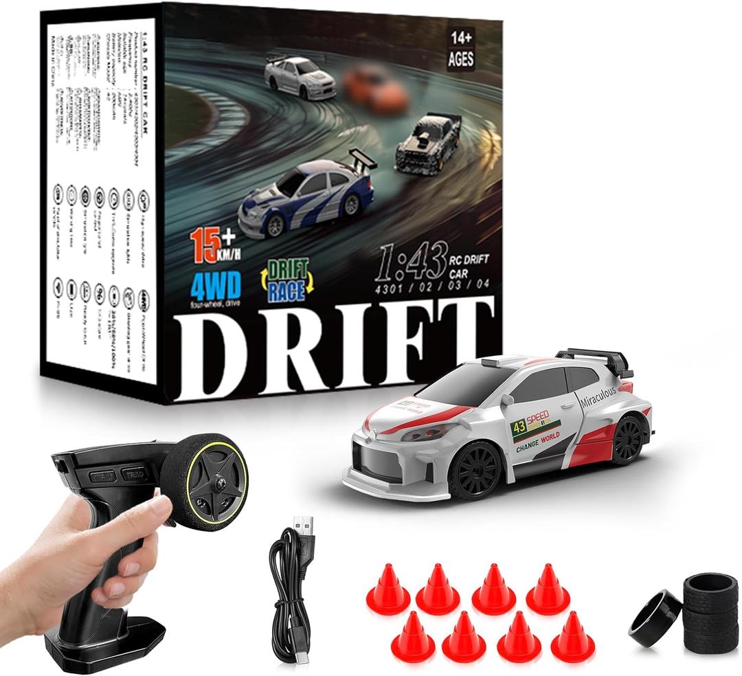 RC Drift car, 1/43 Mini Rc Drift car with Gyroscope, 2.4GHz Full Proportional Remote control Cars, 4WD High Speed Racing with Lights, Racing Tires, Model Cars Gift for Adults, Kids, Boys, Girls (White-lr)