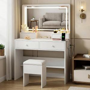 FUXA Makeup Vanity Desk with LED Mirror and Charging Station, Vanity Table Set with Storage Drawer and Chair for Bedroom, White (Small)