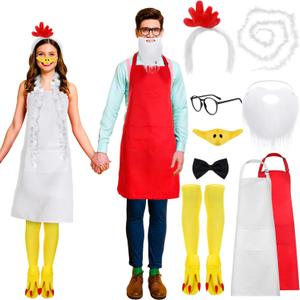 10 Pcs Couples Halloween Costumes for Adult Old Men and Side Chick Costume Set Chicken Couple Cosplay Kit Women Man's Crazy Rooster Hen Accessories with Headband Tail Beak Nose Mask Sock