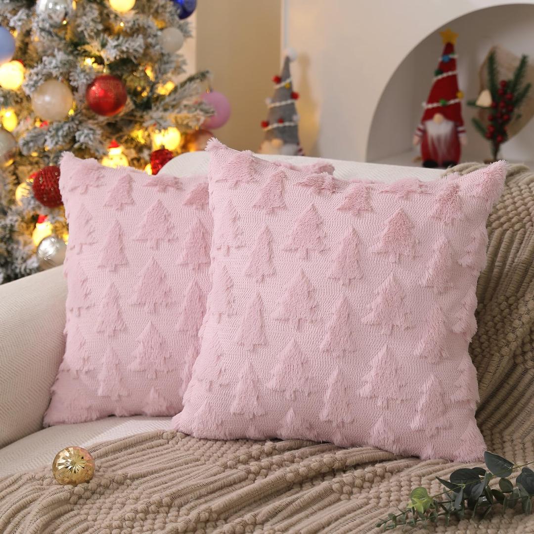 DFXSZ Christmas Tree Pillow Covers 20x20 inch Set of 2 Christmas Decoration Pink Soft Plush Faux Fur Jacquard Throw Pillows for Bedroom Sofa Holiday Festivals Winter Home Decor PTK006D20
