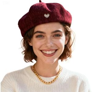 Women's Chenille Beret - Soft & Warm French Hat with Metal Heart Accent for Fall/Winter.