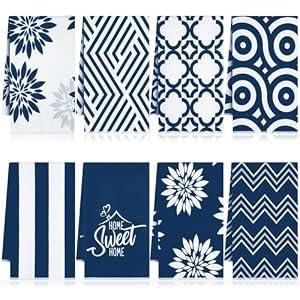 Fanfanwin 8 Pcs Blue Kitchen Towels Decorative Dish Towels 18 x 26 Inch Farmhouse Floral Boho Hand Kitchen Cloths Geometric Absorbent Tea Dish Cloths for Home Bathroom Decor, Housewarming Gifts