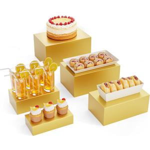 5 Pcs Metal Display Stands for Buffet Table Cake Risers, Cupcake Rectangle Stand for Wedding, Party, Catering Supplies, Elegant Food Risers for Display with 5Pcs Hollow Bottoms Sturdy Modern (Gold, 2 IN to 12 IN)