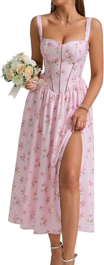 KUTUMAI Floral Corset Midi Dress Flowy Slit Summer Spring Wedding Guest Dresses for Women Sundress with Pockets, Small