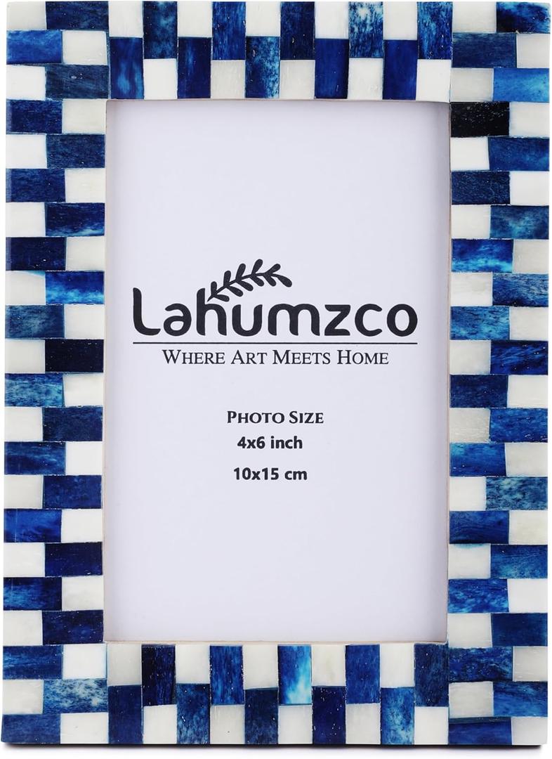Bone Picture Photo Frame Gingham Pattern Art Inspired Vintage Table-Top/Wall Dcor Handmade Frames (4x6 Inches, Blue White)